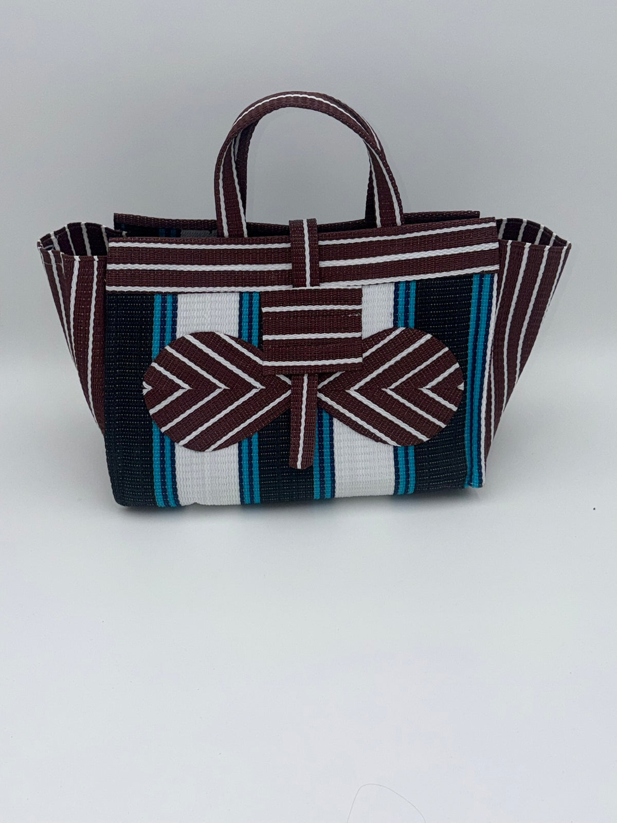 Pearl Large handwoven tote bag by SCRUBIES in Black,White,Wine,Blue with Stripes design and Bow accent pattern