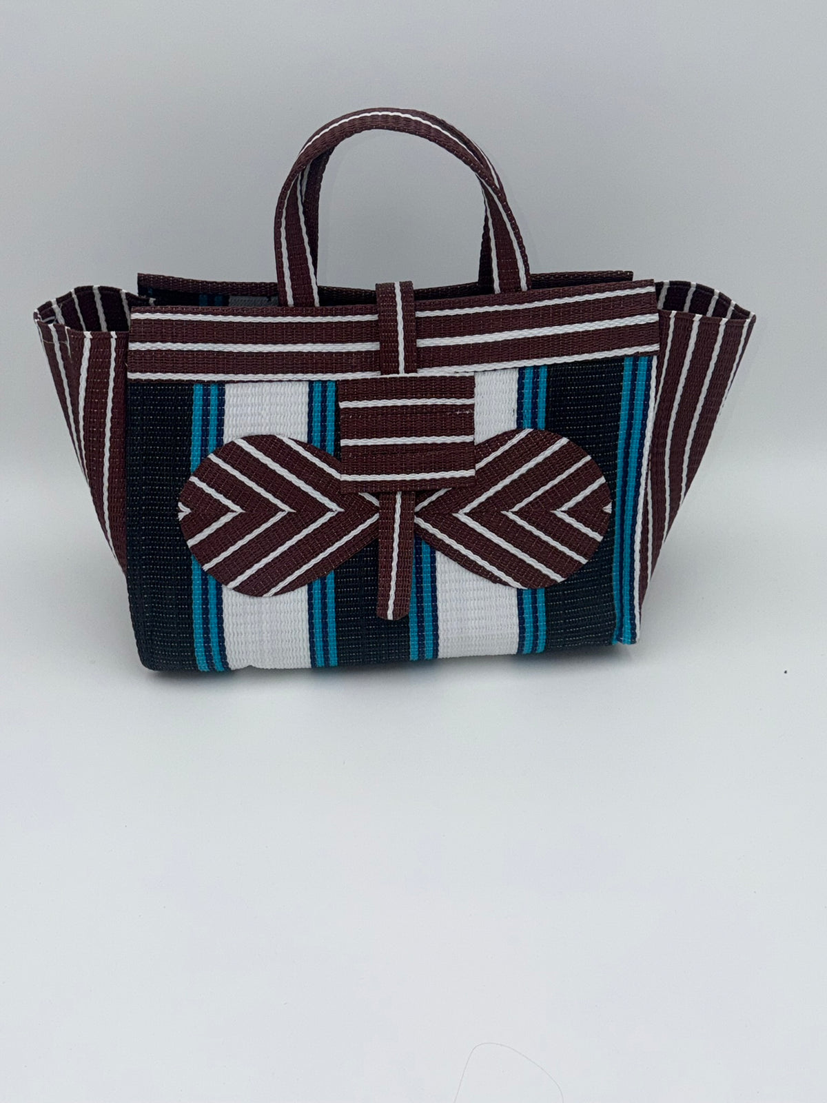 Pearl Large handwoven tote bag by SCRUBIES in Black,White,Wine,Blue with Stripes design and Bow accent pattern