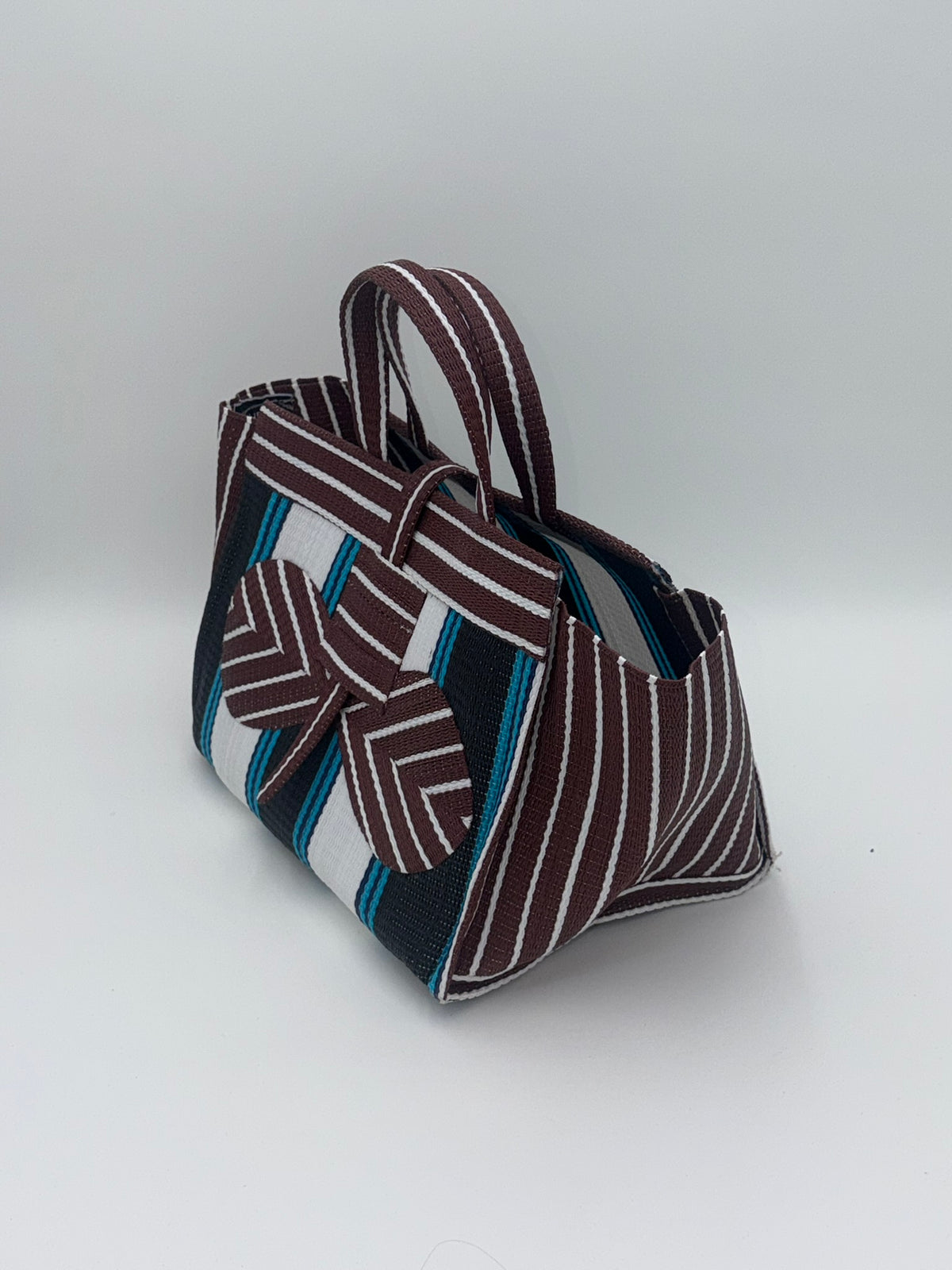 Pearl Large handwoven tote bag by SCRUBIES in Black,White,Wine,Blue with Stripes design and Bow accent pattern