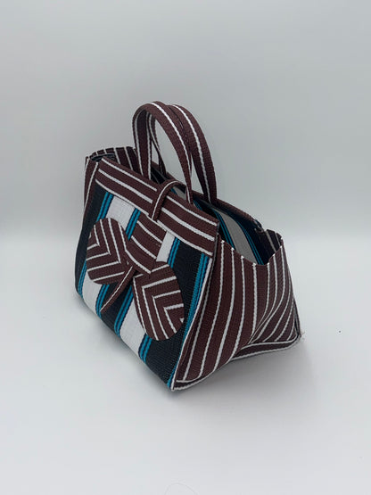 Pearl Large handwoven tote bag by SCRUBIES in Black,White,Wine,Blue with Stripes design and Bow accent pattern