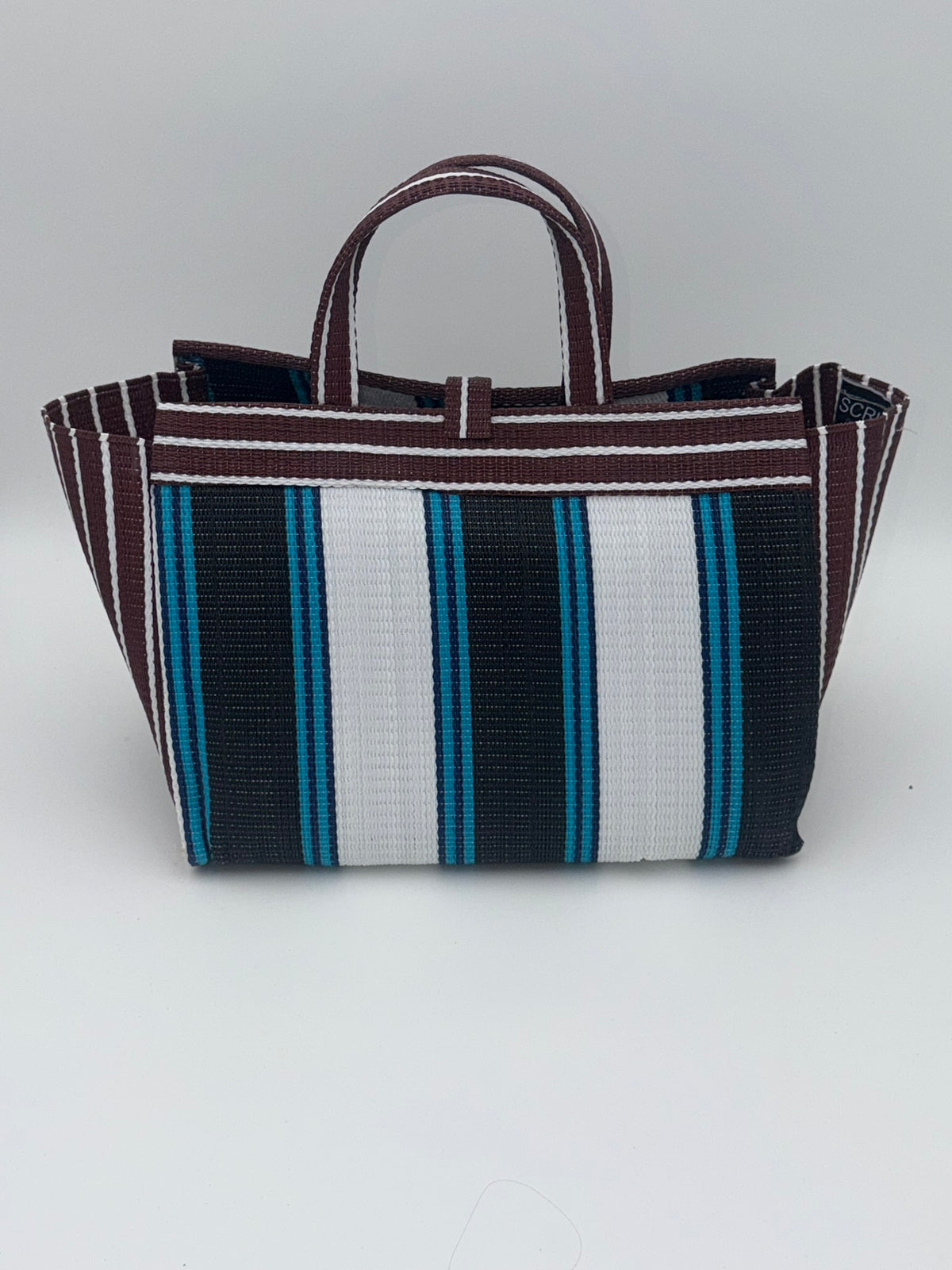 Pearl Large handwoven tote bag by SCRUBIES in Black,White,Wine,Blue with Stripes design and Bow accent pattern