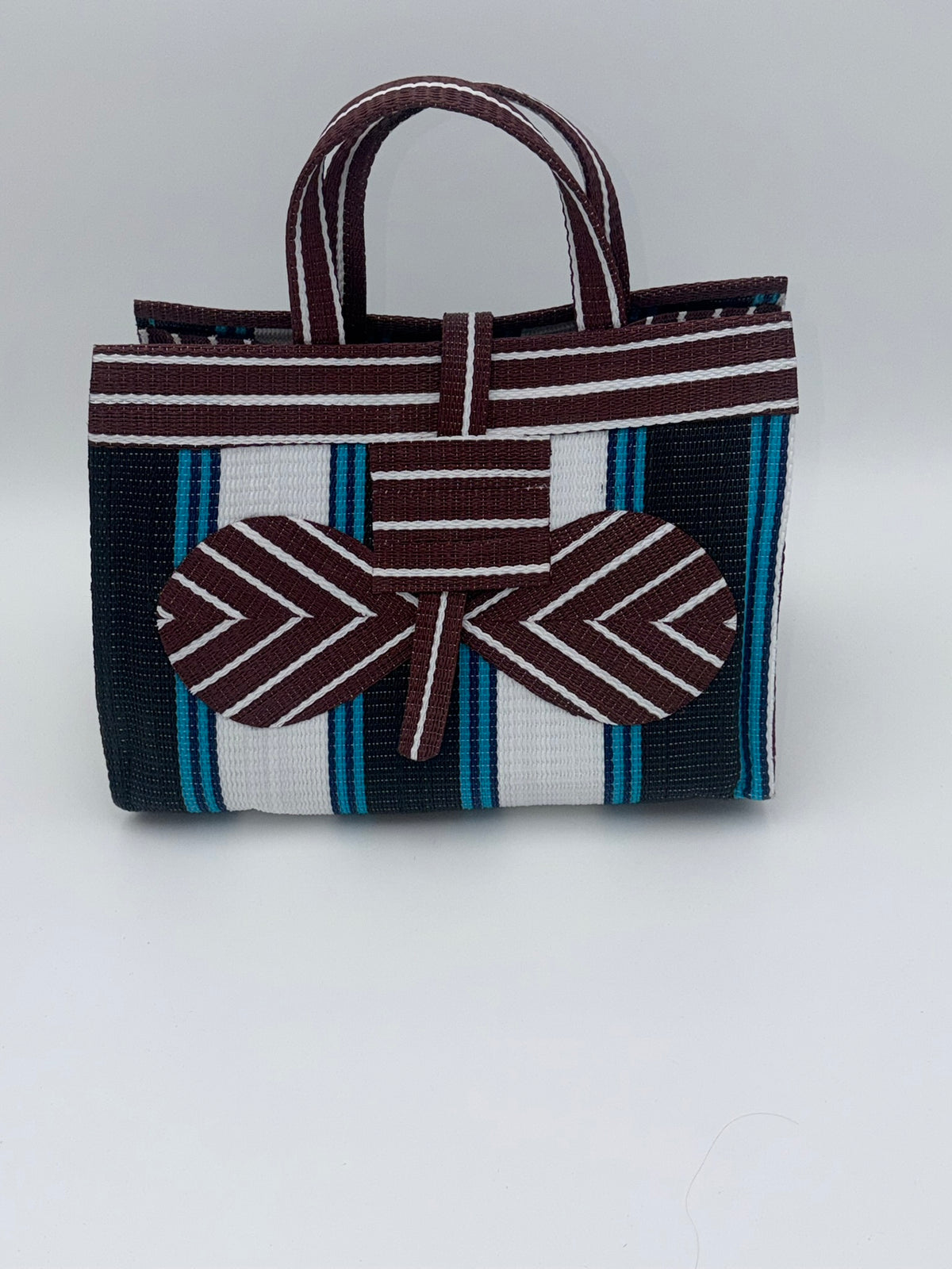 Pearl Large handwoven tote bag by SCRUBIES in Black,White,Wine,Blue with Stripes design and Bow accent pattern