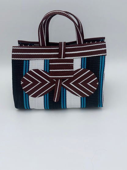 Pearl Large handwoven tote bag by SCRUBIES in Black,White,Wine,Blue with Stripes design and Bow accent pattern