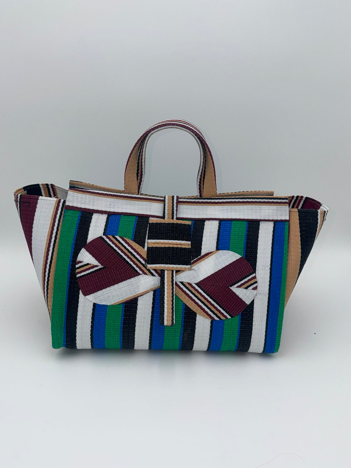 Emerald Large handwoven tote bag by SCRUBIES in Green,Black,White,Black,Wine with Stripes design and Bow accent pattern
