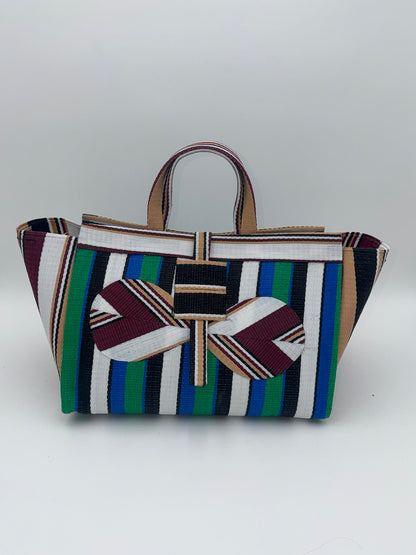 Emerald Large handwoven tote bag by SCRUBIES in Green,Black,White,Black,Wine with Stripes design and Bow accent pattern