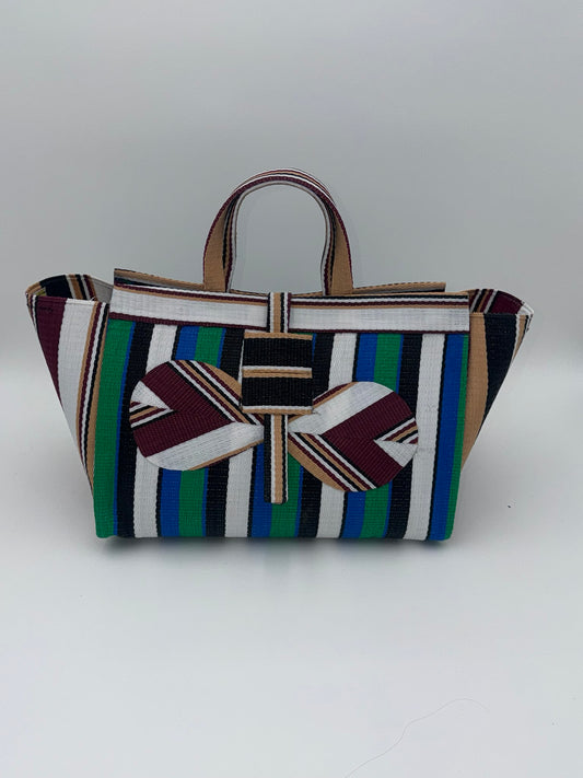 Emerald Large handwoven tote bag by SCRUBIES in Green,Black,White,Black,Wine with Stripes design and Bow accent pattern