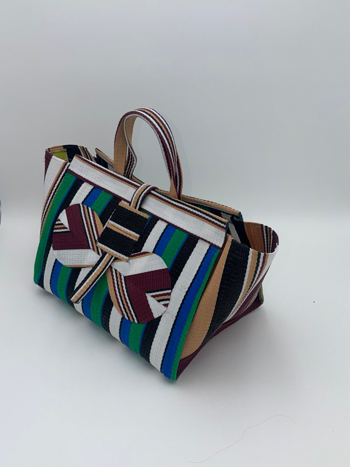 Emerald Large handwoven tote bag by SCRUBIES in Green,Black,White,Black,Wine with Stripes design and Bow accent pattern