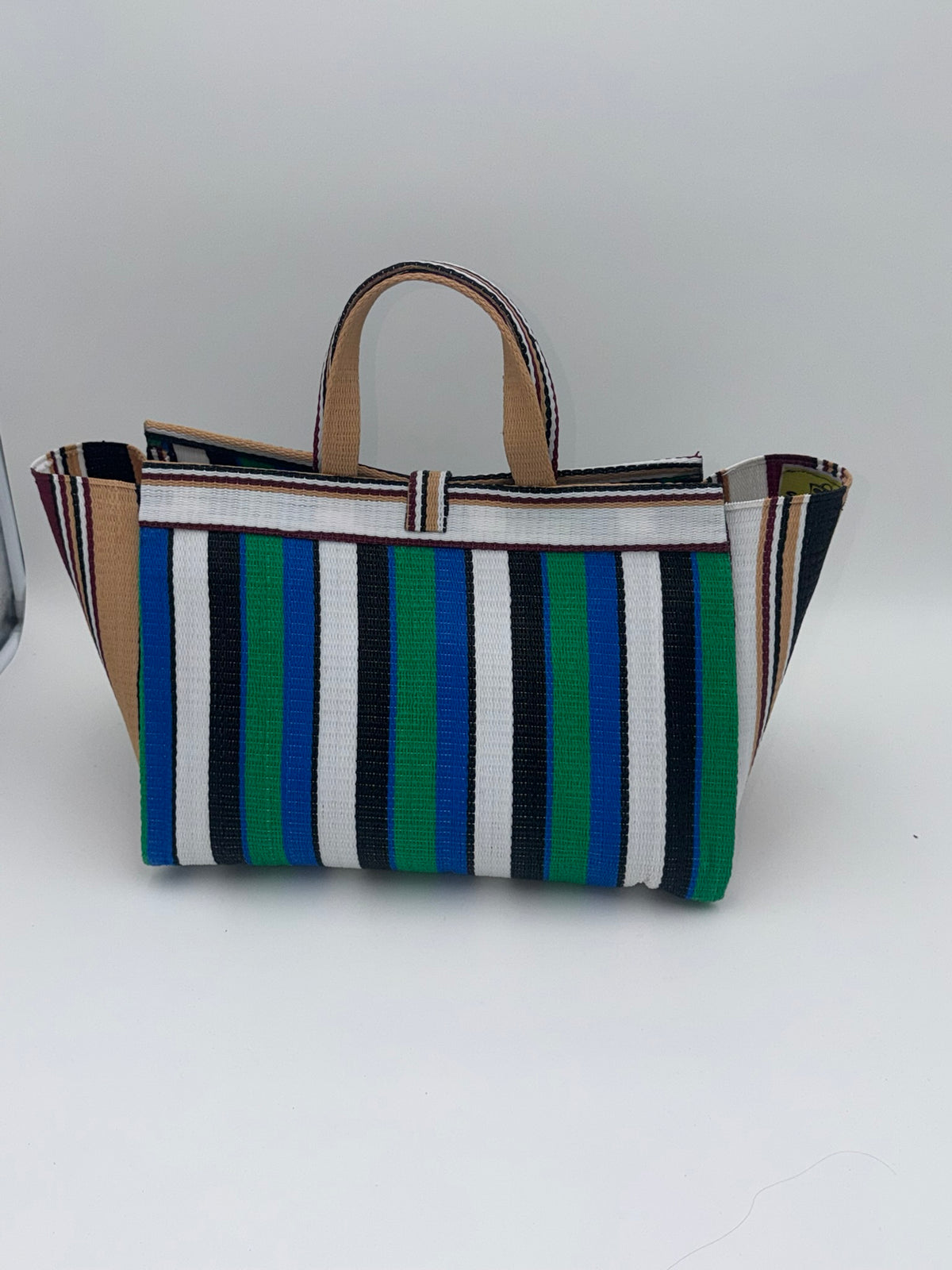 Emerald Large handwoven tote bag by SCRUBIES in Green,Black,White,Black,Wine with Stripes design and Bow accent pattern