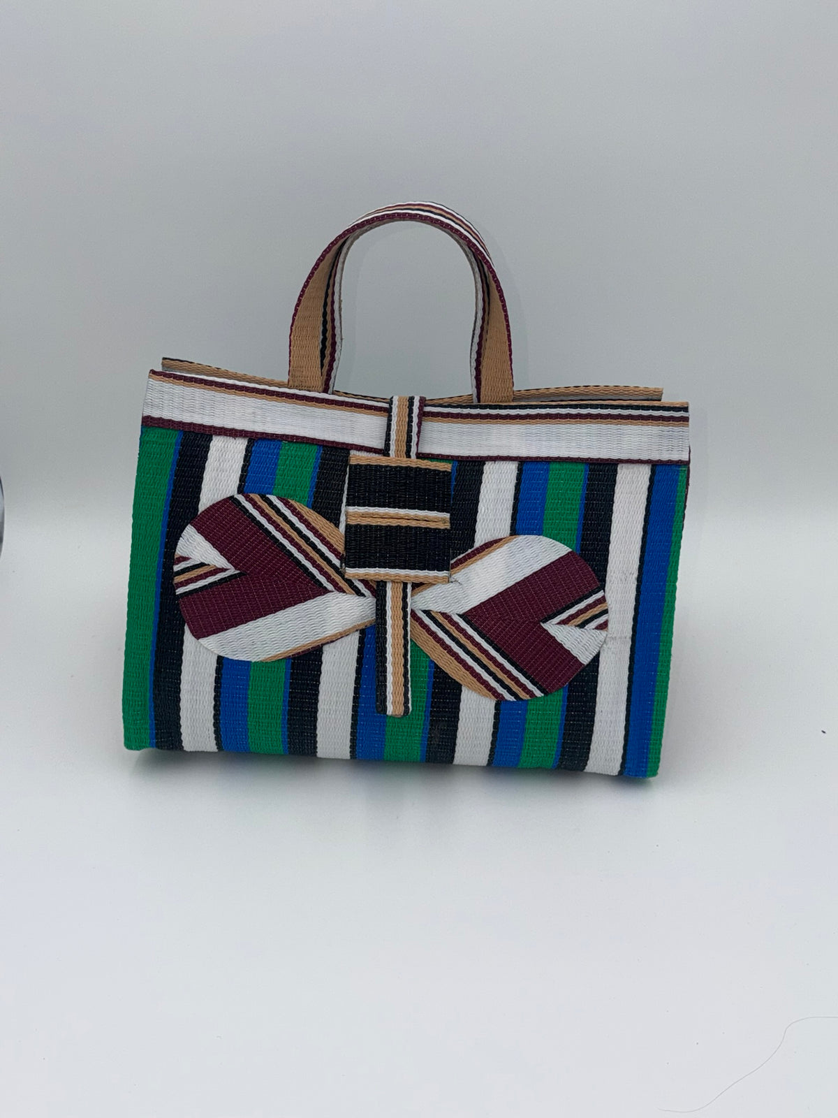 Emerald Large handwoven tote bag by SCRUBIES in Green,Black,White,Black,Wine with Stripes design and Bow accent pattern