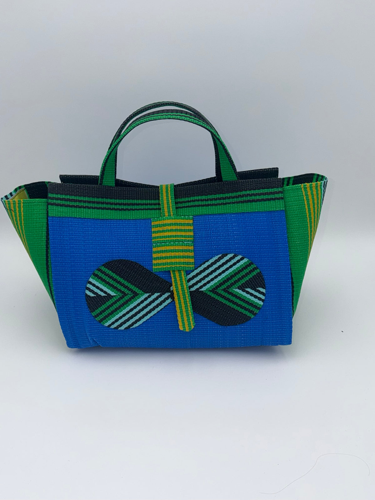 Lagoon Large handwoven tote bag by SCRUBIES in Blue,Green,Black,Yelllow with Solid design and Bow accent pattern