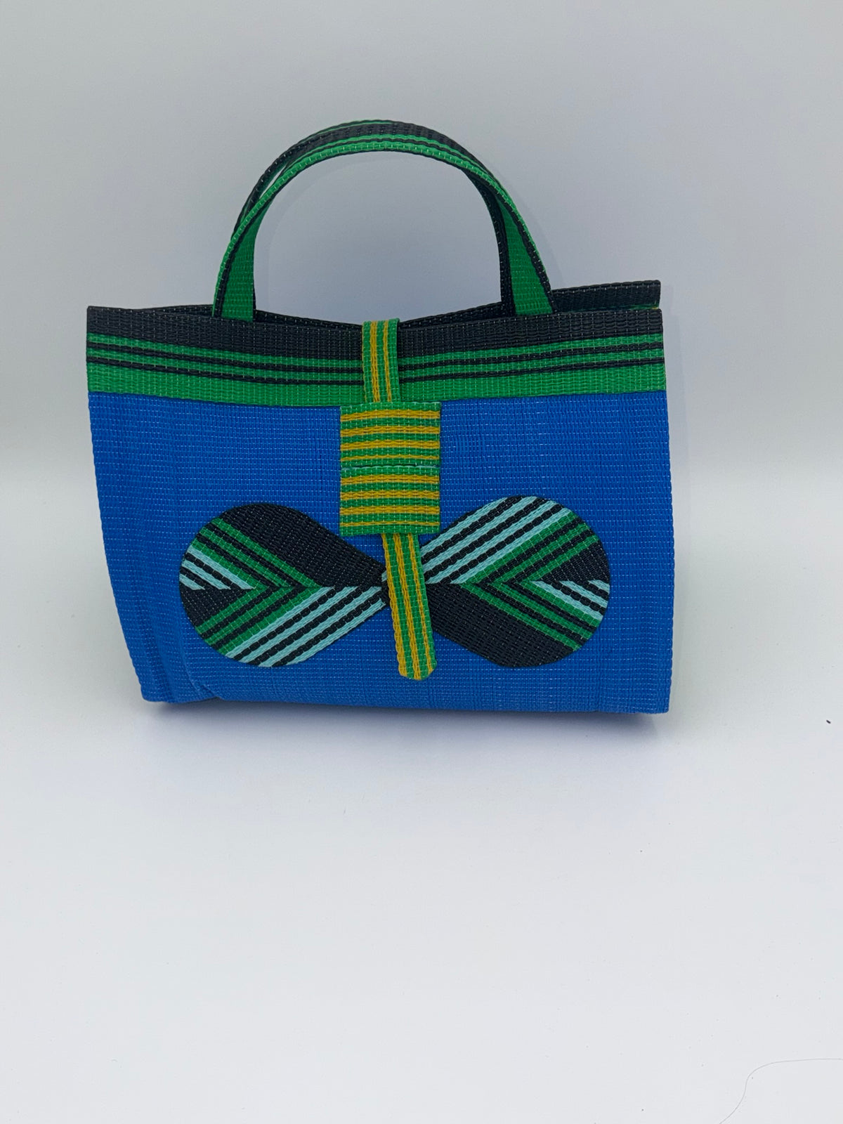 Lagoon Large handwoven tote bag by SCRUBIES in Blue,Green,Black,Yelllow with Solid design and Bow accent pattern