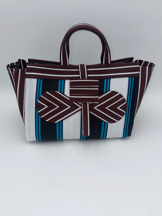 Pearl Large handwoven tote bag by SCRUBIES in Black,White,Wine,Blue with Stripes design and Bow accent pattern