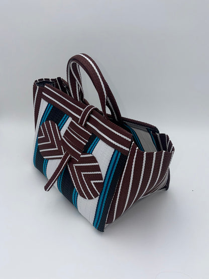 Pearl Large handwoven tote bag by SCRUBIES in Black,White,Wine,Blue with Stripes design and Bow accent pattern