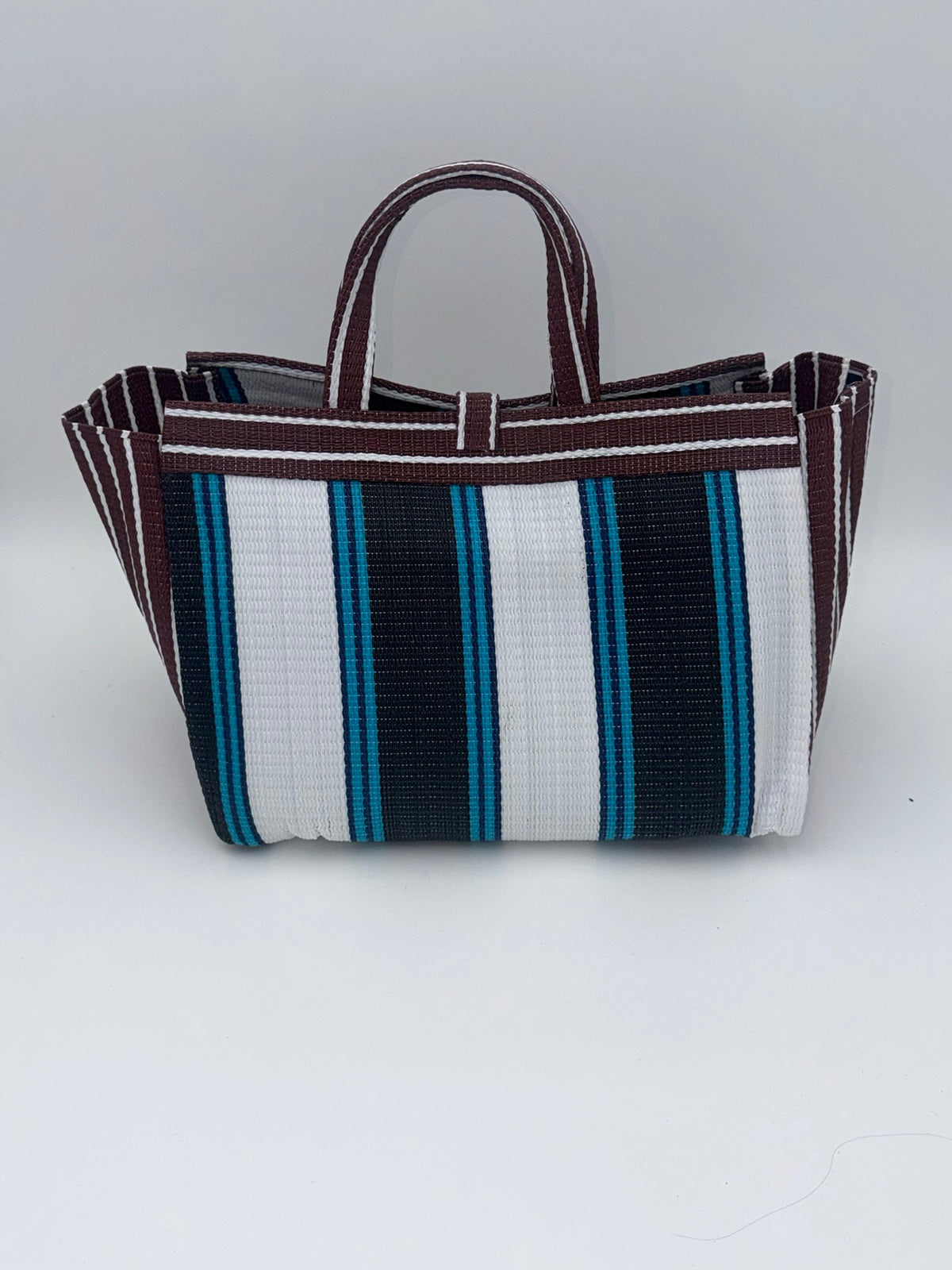Pearl Large handwoven tote bag by SCRUBIES in Black,White,Wine,Blue with Stripes design and Bow accent pattern