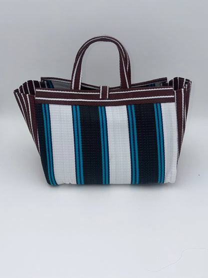 Pearl Large handwoven tote bag by SCRUBIES in Black,White,Wine,Blue with Stripes design and Bow accent pattern