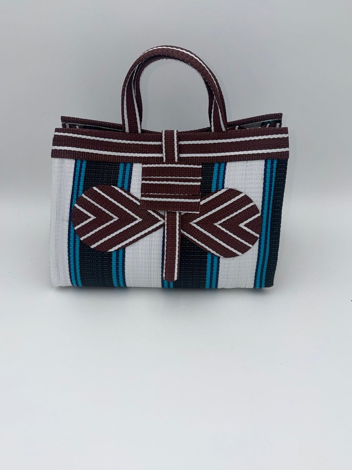 Pearl Large handwoven tote bag by SCRUBIES in Black,White,Wine,Blue with Stripes design and Bow accent pattern