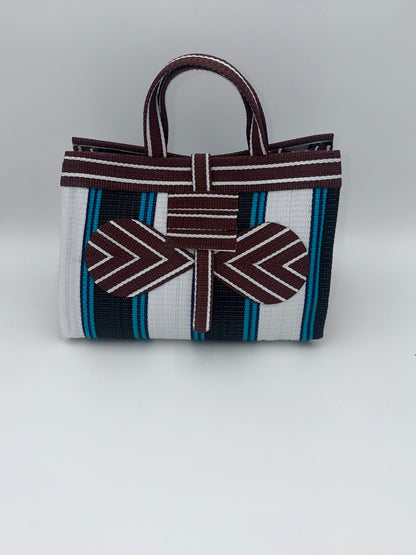 Pearl Large handwoven tote bag by SCRUBIES in Black,White,Wine,Blue with Stripes design and Bow accent pattern