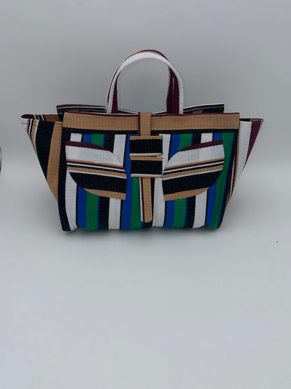 Emerald Large handwoven tote bag by SCRUBIES in Beige,Green,White,Black, with Stripes design and Leaf accent pattern