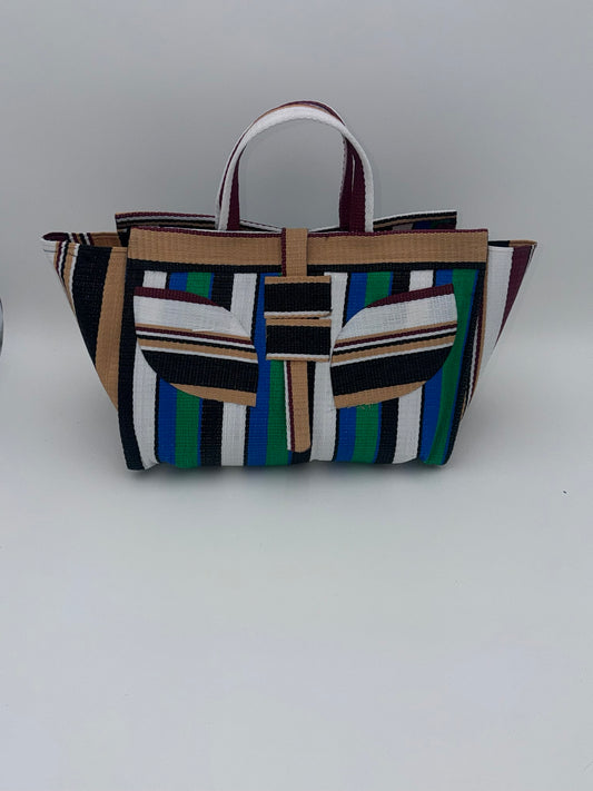 Emerald Large handwoven tote bag by SCRUBIES in Beige,Green,White,Black, with Stripes design and Leaf accent pattern