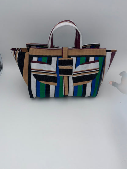 Emerald Large handwoven tote bag by SCRUBIES in Beige,Green,White,Black, with Stripes design and Leaf accent pattern