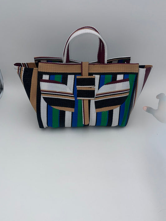 Emerald Large handwoven tote bag by SCRUBIES in Beige,Green,White,Black, with Stripes design and Leaf accent pattern