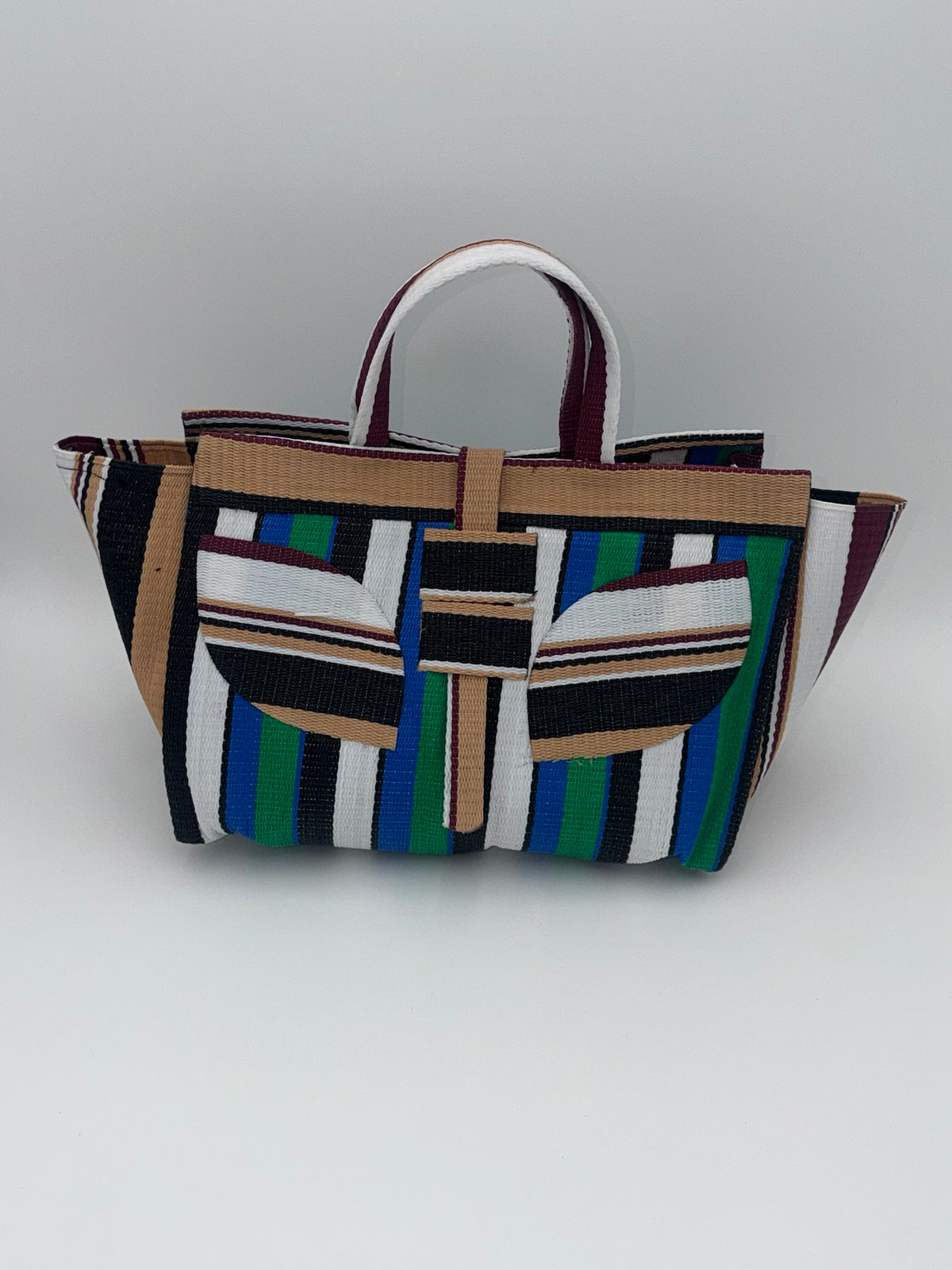 Emerald Large handwoven tote bag by SCRUBIES in Beige,Green,White,Black, with Stripes design and Leaf accent pattern