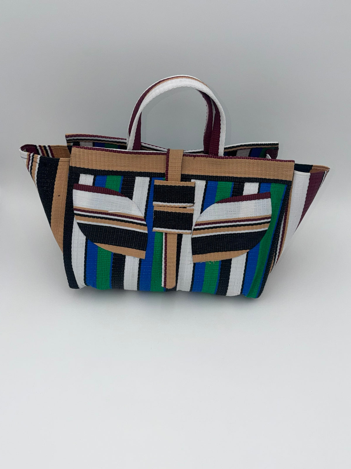 Emerald Large handwoven tote bag by SCRUBIES in Beige,Green,White,Black, with Stripes design and Leaf accent pattern