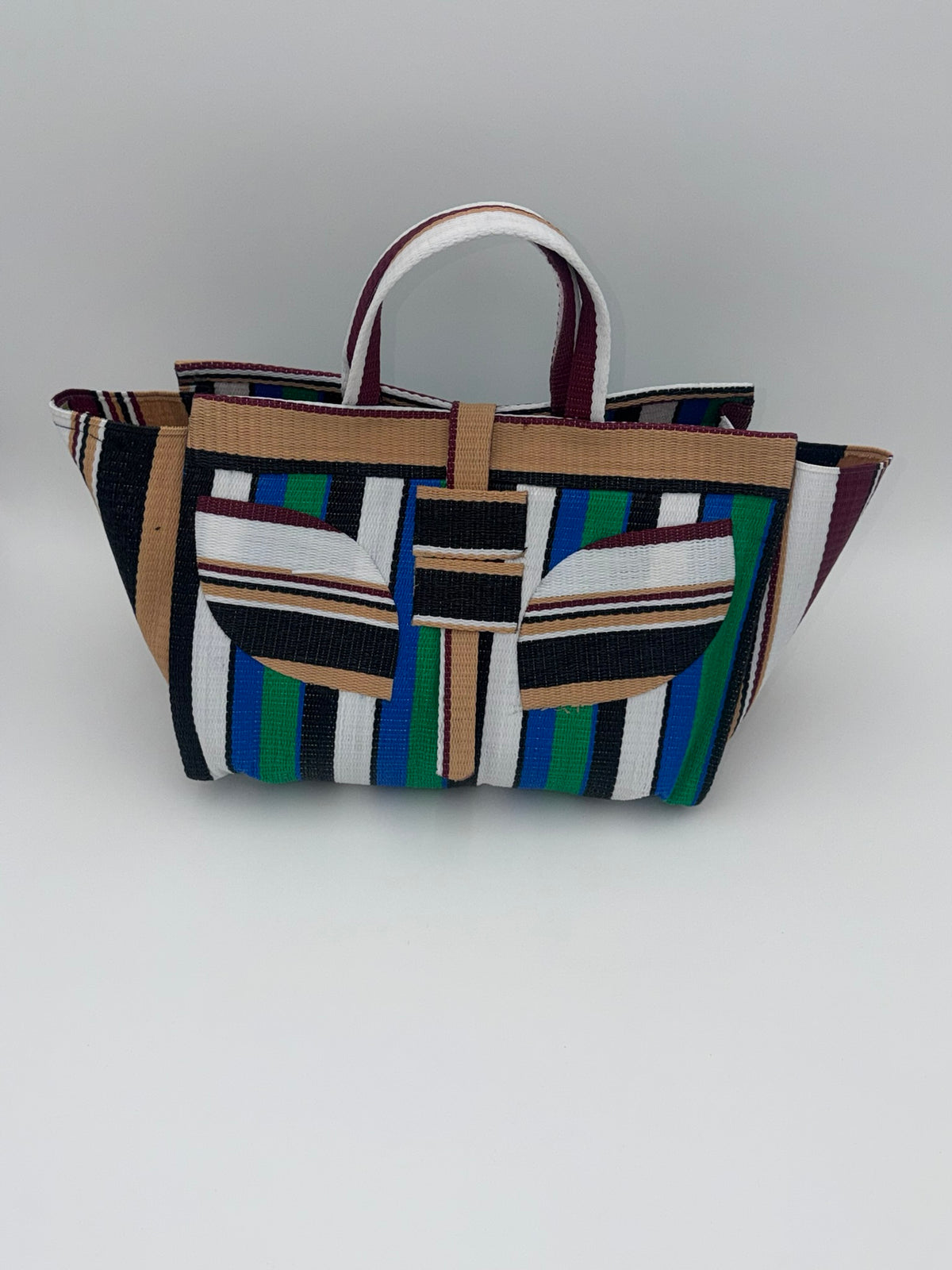 Emerald Large handwoven tote bag by SCRUBIES in Beige,Green,White,Black, with Stripes design and Leaf accent pattern