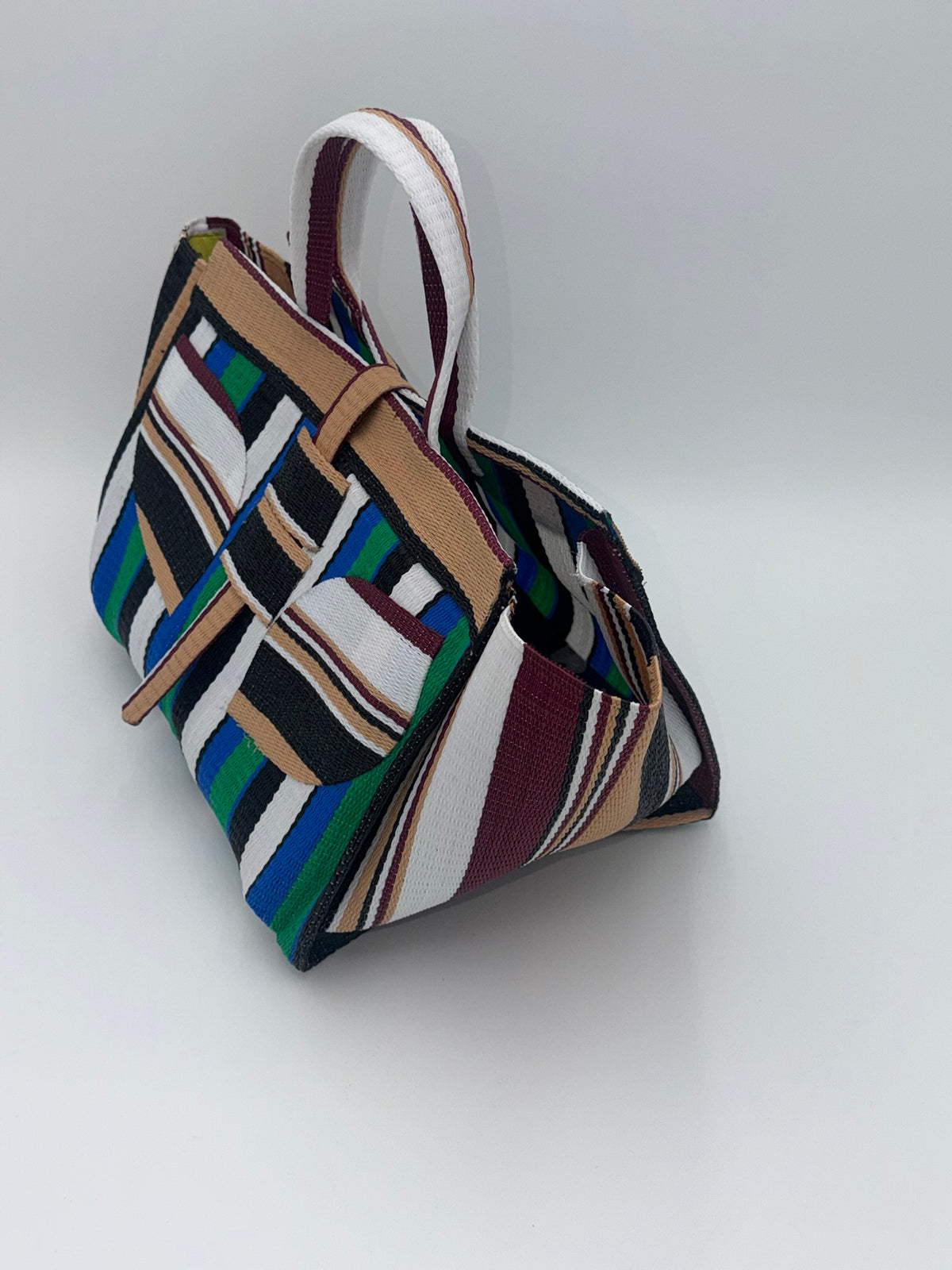 Emerald Large handwoven tote bag by SCRUBIES in Beige,Green,White,Black, with Stripes design and Leaf accent pattern