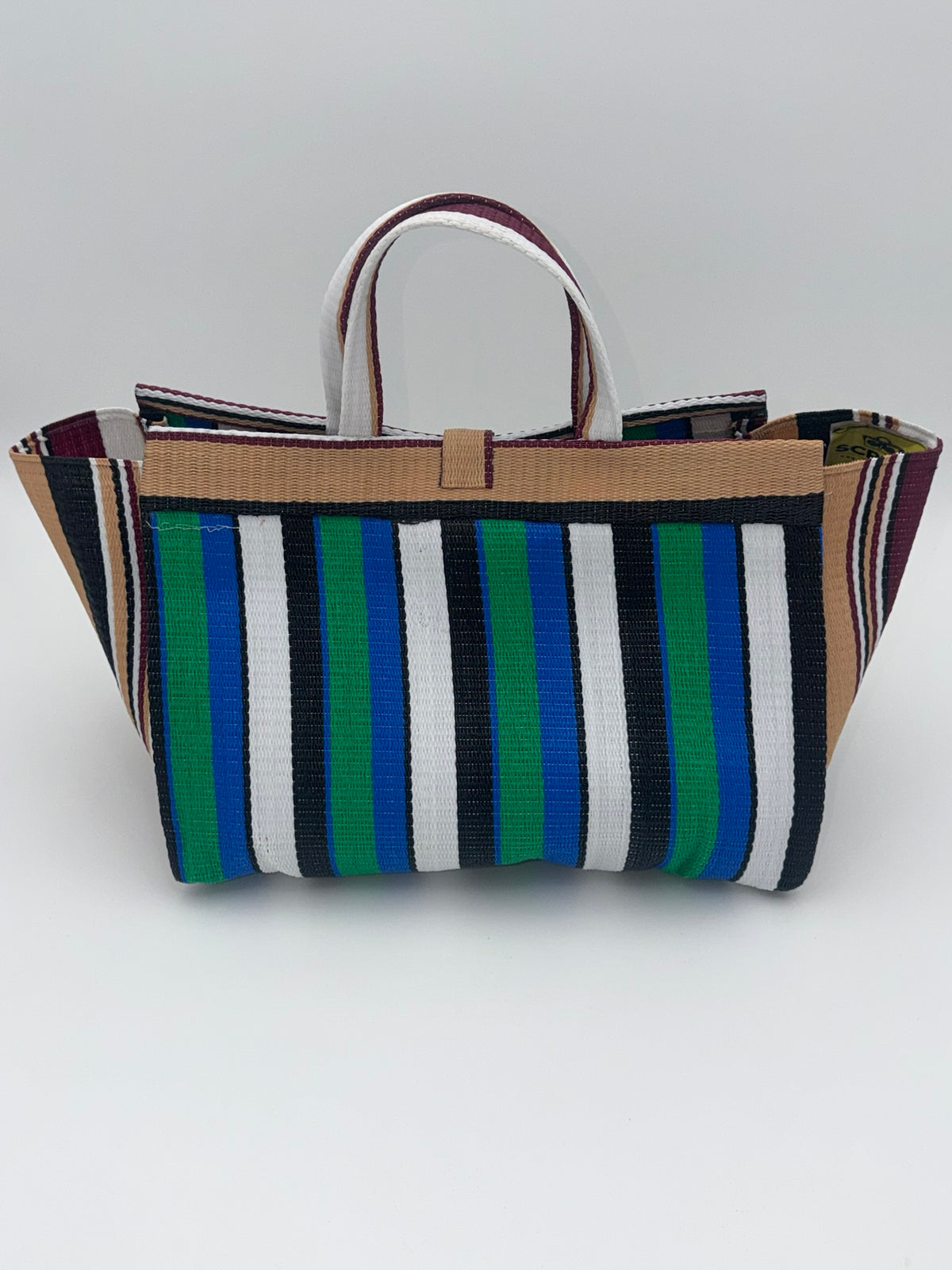 Emerald Large handwoven tote bag by SCRUBIES in Beige,Green,White,Black, with Stripes design and Leaf accent pattern