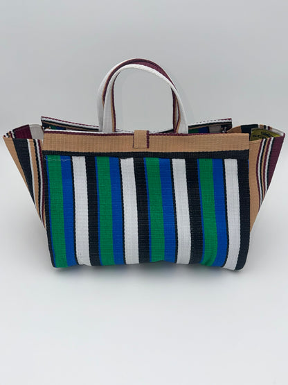 Emerald Large handwoven tote bag by SCRUBIES in Beige,Green,White,Black, with Stripes design and Leaf accent pattern