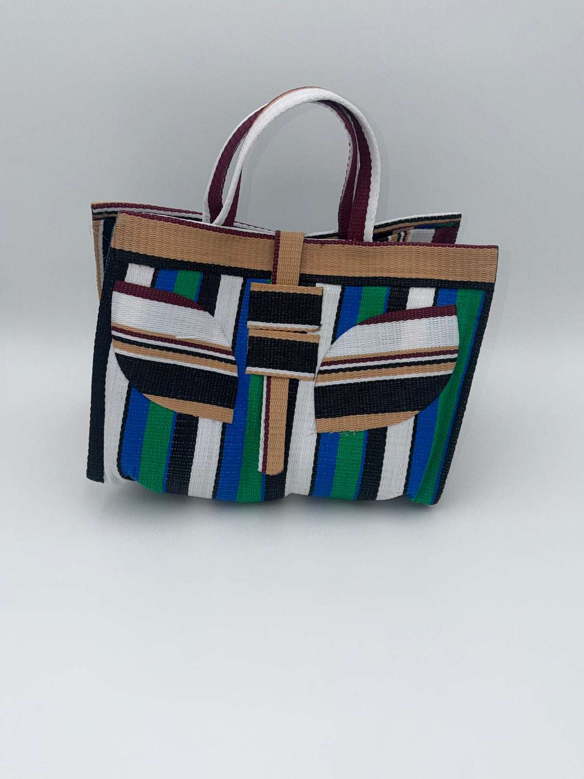 Emerald Large handwoven tote bag by SCRUBIES in Beige,Green,White,Black, with Stripes design and Leaf accent pattern