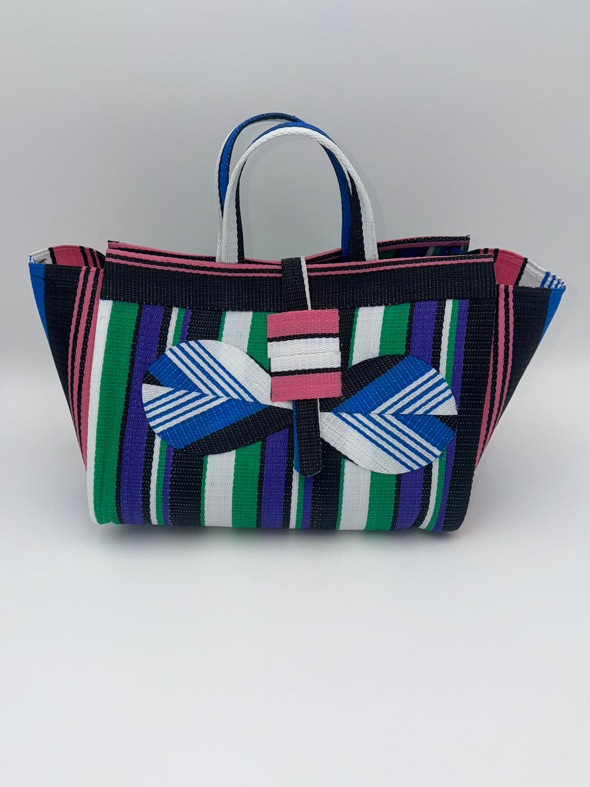 Emerald Large handwoven tote bag by SCRUBIES in Green,White,Black,Purple,Pink with Stripes design and Bow accent pattern