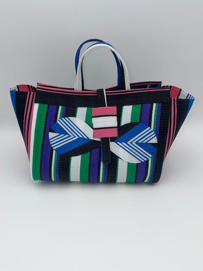 Emerald Large handwoven tote bag by SCRUBIES in Green,White,Black,Purple,Pink with Stripes design and Bow accent pattern