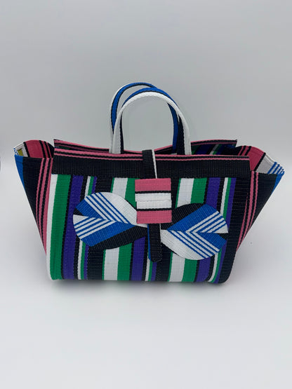 Emerald Large handwoven tote bag by SCRUBIES in Green,White,Black,Purple,Pink with Stripes design and Bow accent pattern
