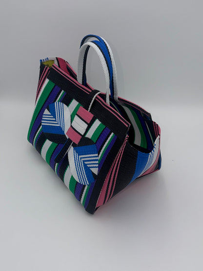 Emerald Large handwoven tote bag by SCRUBIES in Green,White,Black,Purple,Pink with Stripes design and Bow accent pattern