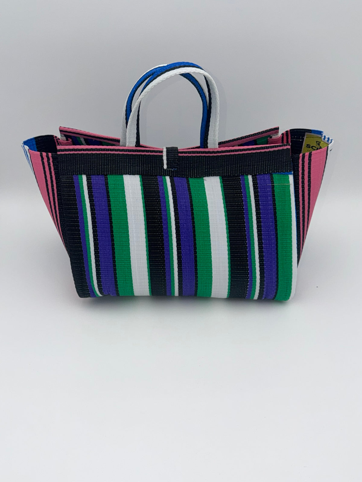 Emerald Large handwoven tote bag by SCRUBIES in Green,White,Black,Purple,Pink with Stripes design and Bow accent pattern