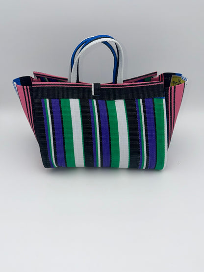 Emerald Large handwoven tote bag by SCRUBIES in Green,White,Black,Purple,Pink with Stripes design and Bow accent pattern