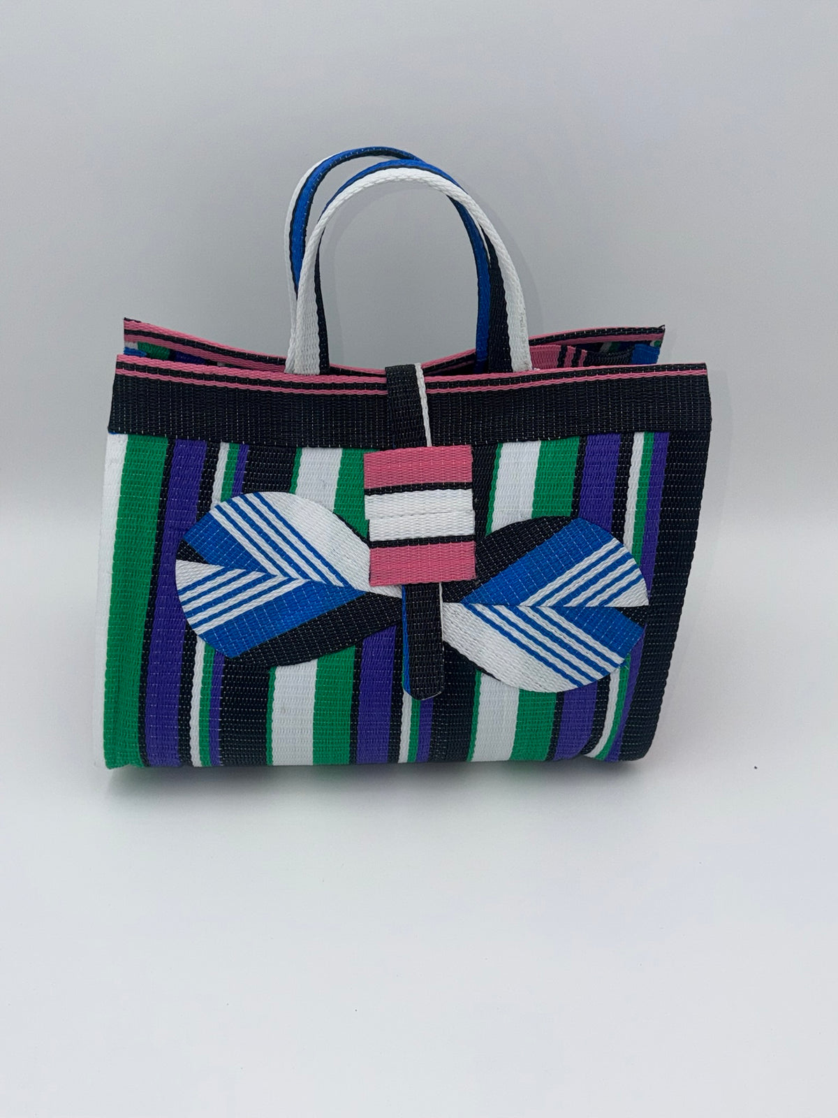 Emerald Large handwoven tote bag by SCRUBIES in Green,White,Black,Purple,Pink with Stripes design and Bow accent pattern
