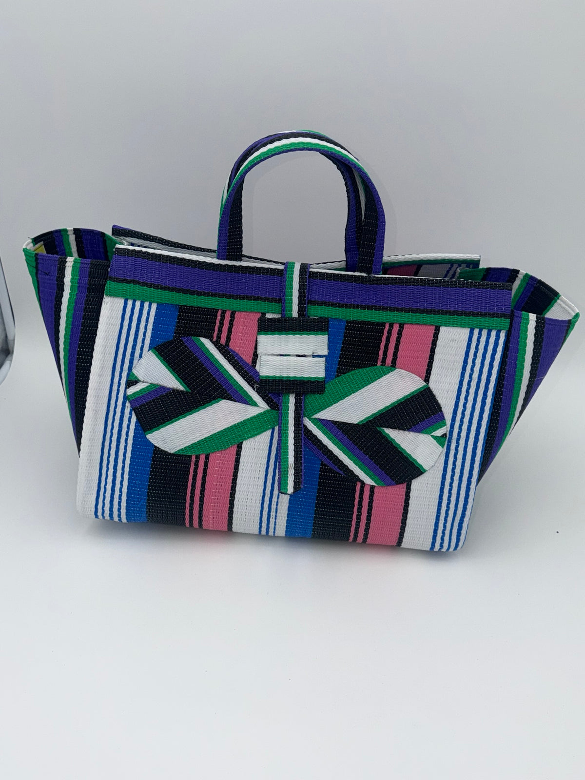 Emerald Large handwoven tote bag by SCRUBIES in Green,White,Black,Purple,Pink with Stripes design and Bow accent pattern