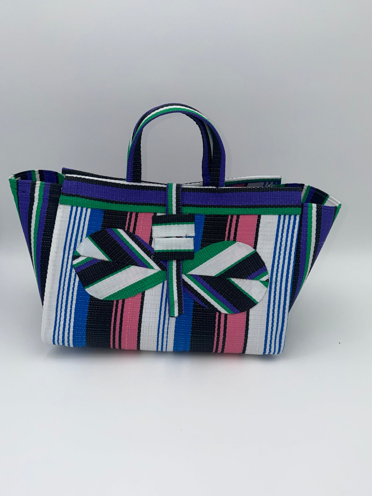 Emerald Large handwoven tote bag by SCRUBIES in Green,White,Black,Purple,Pink with Stripes design and Bow accent pattern