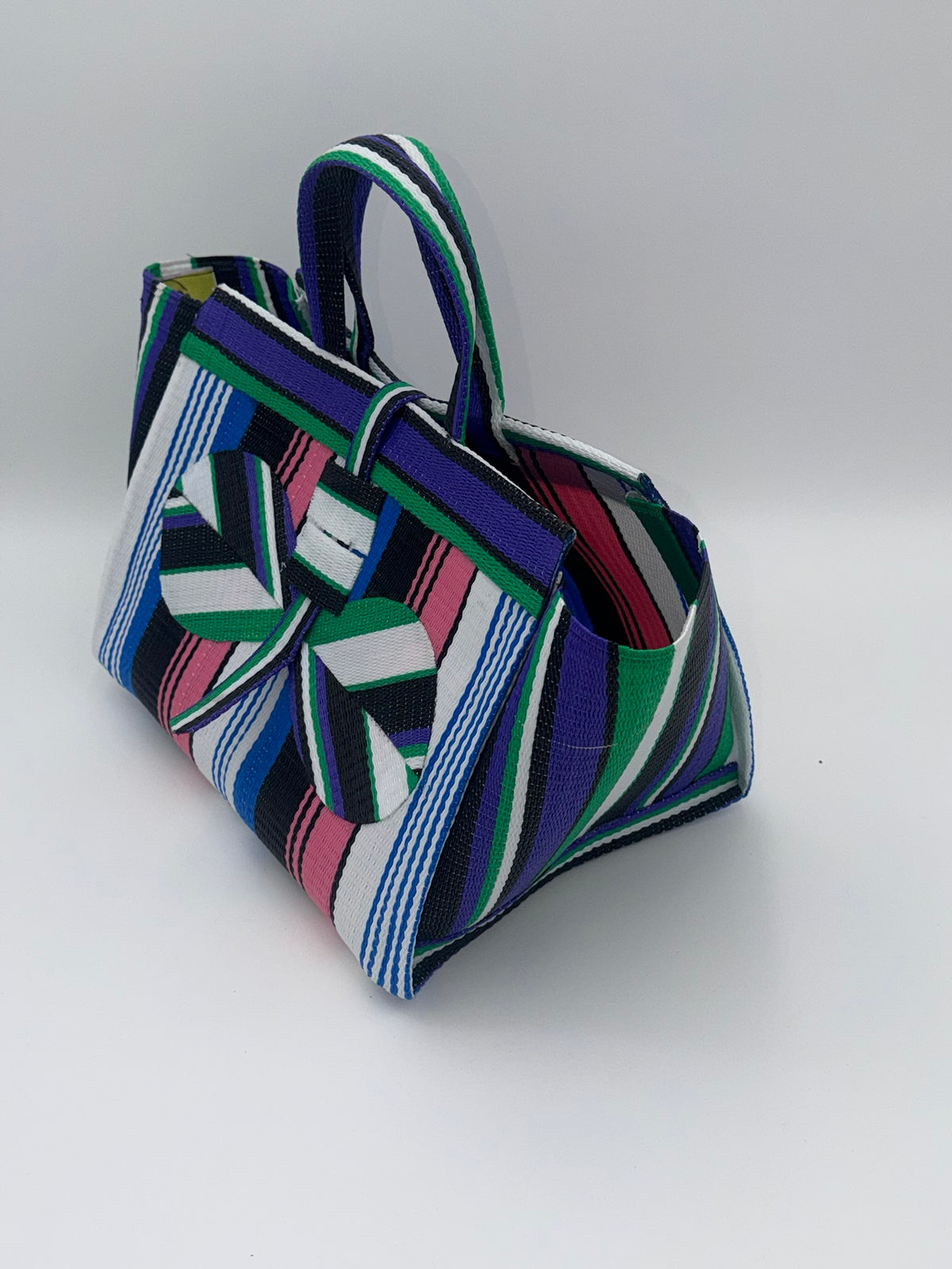 Emerald Large handwoven tote bag by SCRUBIES in Green,White,Black,Purple,Pink with Stripes design and Bow accent pattern