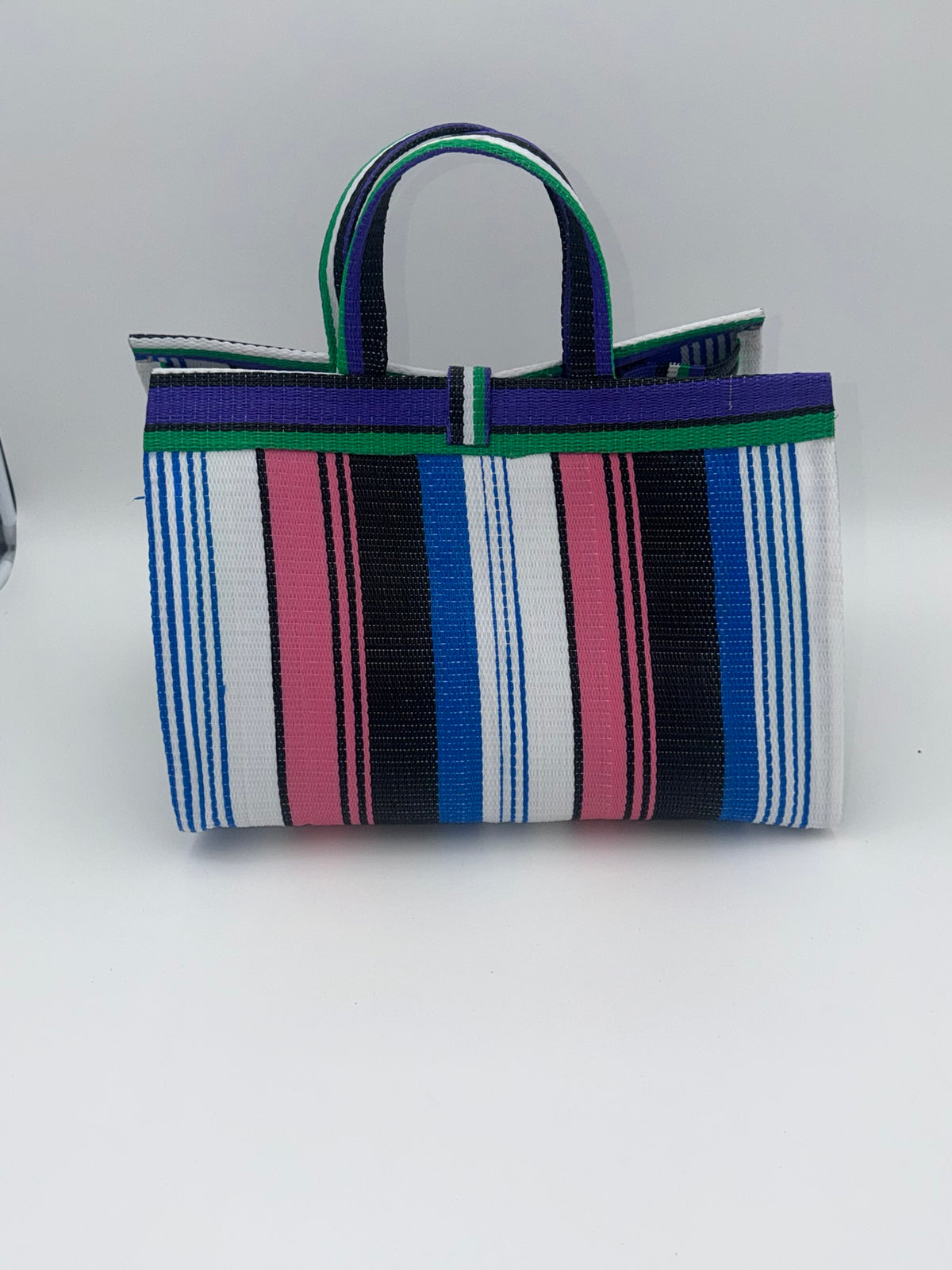 Emerald Large handwoven tote bag by SCRUBIES in Green,White,Black,Purple,Pink with Stripes design and Bow accent pattern