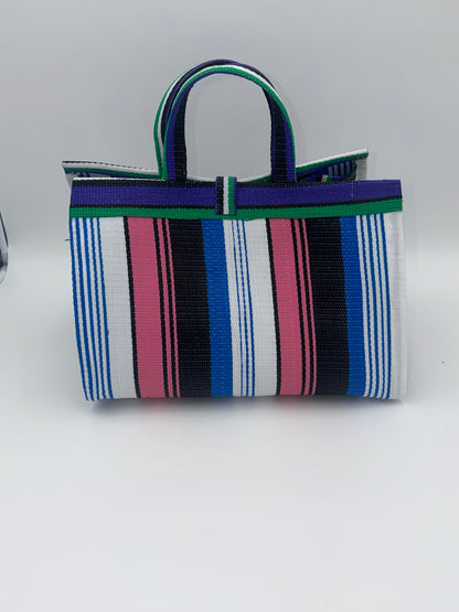 Emerald Large handwoven tote bag by SCRUBIES in Green,White,Black,Purple,Pink with Stripes design and Bow accent pattern