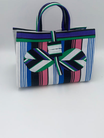 Emerald Large handwoven tote bag by SCRUBIES in Green,White,Black,Purple,Pink with Stripes design and Bow accent pattern
