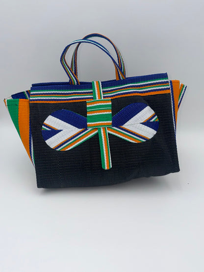 Midnight Large handwoven tote bag by SCRUBIES in Black,White,Orange,Blue with Solid design and Bow accent pattern