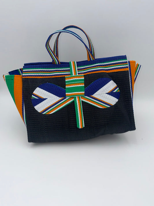 Midnight Large handwoven tote bag by SCRUBIES in Black,White,Orange,Blue with Solid design and Bow accent pattern