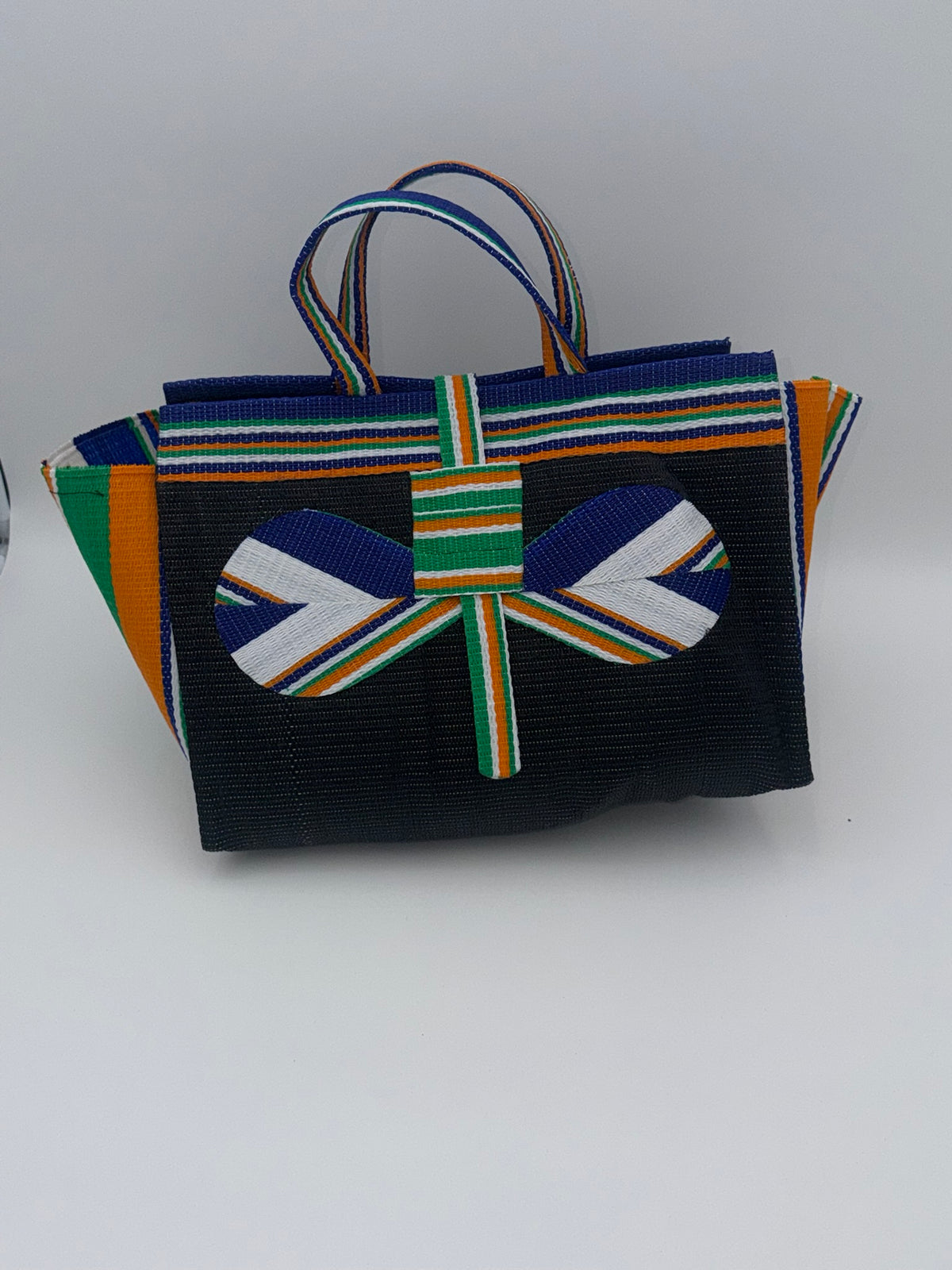 Midnight Large handwoven tote bag by SCRUBIES in Black,White,Orange,Blue with Solid design and Bow accent pattern