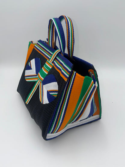 Midnight Large handwoven tote bag by SCRUBIES in Black,White,Orange,Blue with Solid design and Bow accent pattern