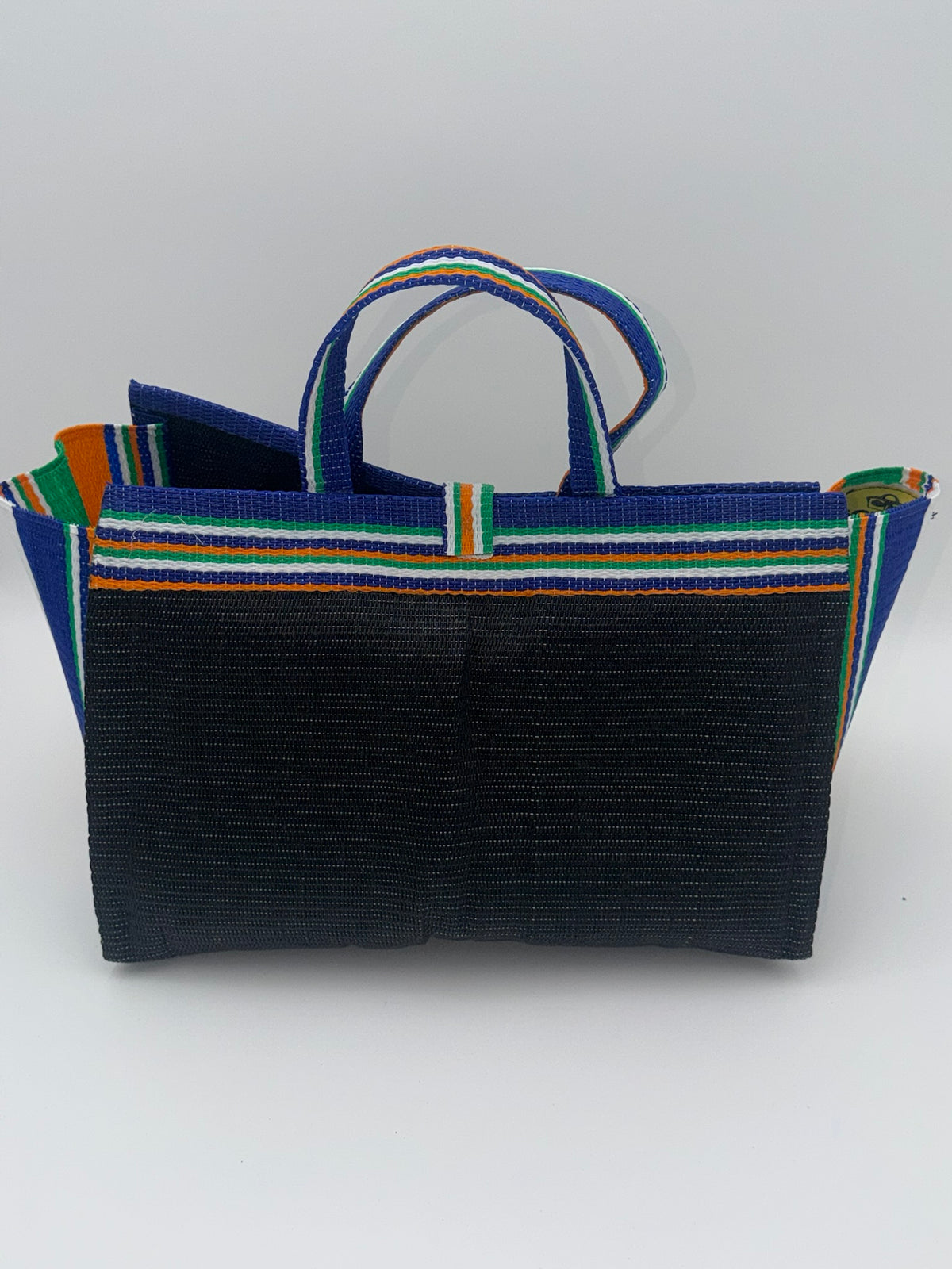 Midnight Large handwoven tote bag by SCRUBIES in Black,White,Orange,Blue with Solid design and Bow accent pattern